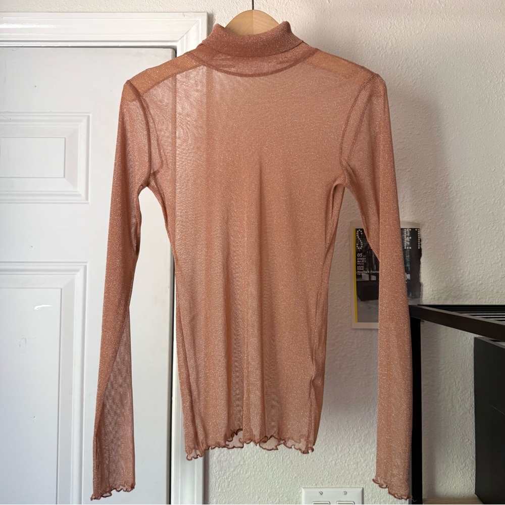 JONATHAN SIMKHAI peach sheer mesh metallic nylon turtleneck lettuce hem top tee